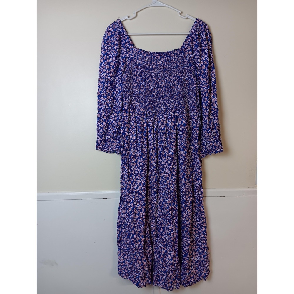 J.Crew‎ Dress Womens M Blue Floral Maxi Smocked Square Neck 3/4 Puff Sleeve